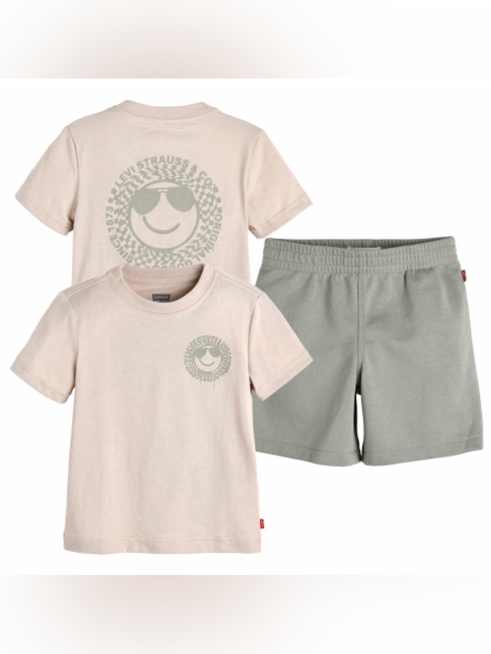 Levi's Kids Beige Smiley Face Tee & Sage Green Shorts Set Size 3T